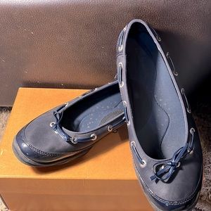 Clarks, navy blue ballet slip on cushioned shoes.